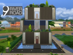 Sims 4 — 9 River Road by amathakathi — A disjointed totem overflowing with vegetation. Every floor has floor-to-ceiling