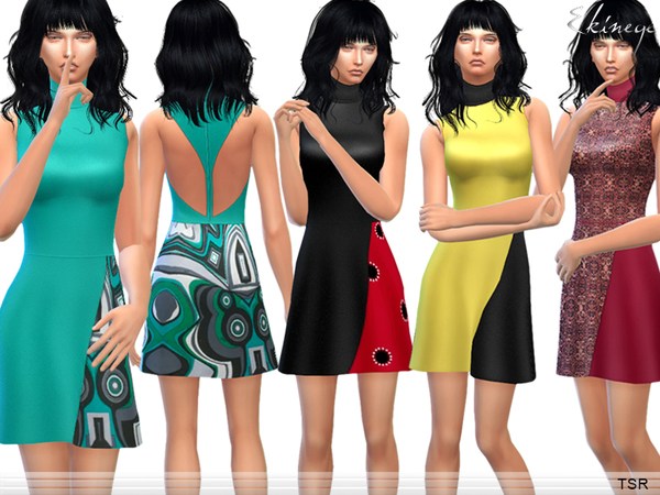 Sims 4 — Stretch-Cotton Dress by ekinege — Pleated front. Cutout back. Sleeveless. Turtleneck. 4 different colors. Custom