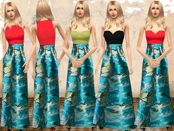 Sims 4 — Floral Printed Charmeuse Maxi Dress by melisa_inci — Carmen Marc Valvo floral-print jacquard ball skirt. Natural