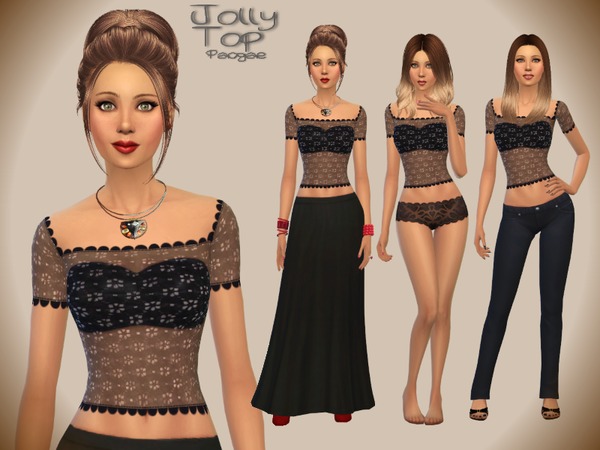 Sims 4 — JollyTop by Paogae — Nice transparent black lace top, can be used in a lot of different ways: as everyday, party