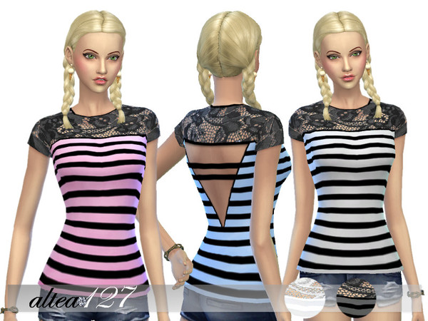 Sims 4 — Striped shirt by altea127 — Striped shirt with the top edge of lace and a triangular opening on the back .