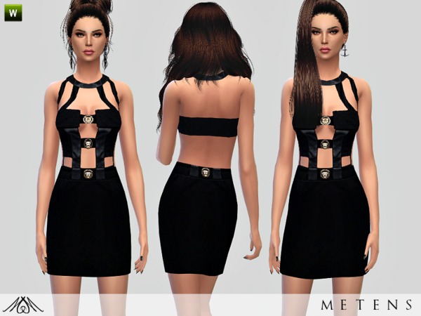 Sims 4 — Tonight - Dress by Metens — - Sexy black dress with leather neck/straps and gold details. - T/YA/A/E females. -