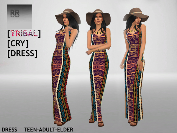 Sims 4 — (RR) Tribal Cry Dress by Rokisrokis2 — This is a long summer dress with tribal print for your lovely sim ladies.