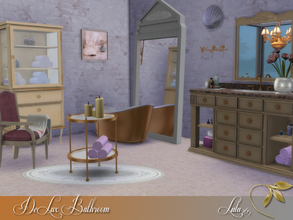 Sims 4 — DeLux Bathroom  by Lulu265 — A burnished cast-iron tub, silver decor, and a vintage pharmacy cabinet give this