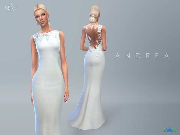 Sims 4 — Wedding Dress ANDREA by SLYD — This sleeveless silk wedding dress features a vine threadwork illusion back. New