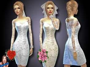 Sims 4 — Short Wedding Dress Set 1 by SIMSCREATIONS13 — A short white wedding dress with off the shoulder lace pattern