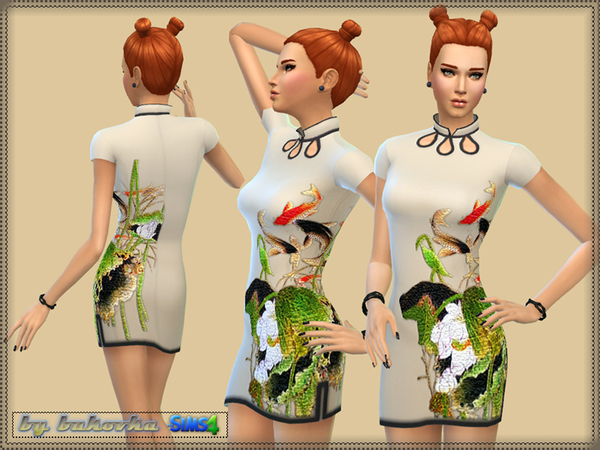 Sims 4 — Dress Asia by bukovka — Dress for women in the Asian style. Four pastel shades staining. Embroidery, Collar