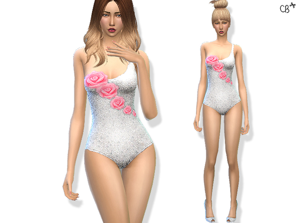 Sims 4 — Flower power swimsuit by CherryBerrySim — One shoulder embellished swimsuit with pink glitter flowers for