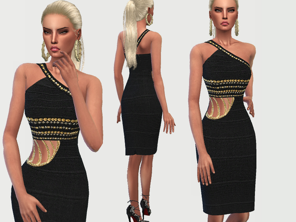 Sims 4 — Black Bandage Dress by Puresim — A one shoulder black bandage dress with gold straps. Standalone item.