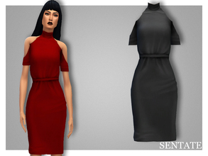 Sims 4 — Fabian Dress by Sentate — A ribbed pencil dress with gathered waist and 'cold shoulders' . Comes in 8 colours.