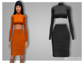 Sims 4 — Verity Polo Neck & Pencil Skirt (Set) by Sentate — A bust enhancing ribbed crop top with long sleeves and