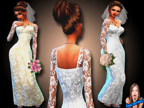 Sims 4 — Long Lace Wedding Dress by SIMSCREATIONS13 — A long white wedding dress with a lace pattern and a long Ivory