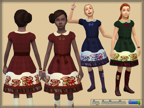 Sims 4 — Set Teddy Bear by bukovka — A set of clothes for girls with embroidered teddy bear. Includes: dress and