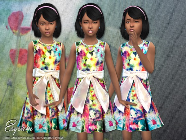 Sims 4 — Garten Party Dress by EsyraM — - Multicolored dress with bow - for little girl - 3 variations colors included