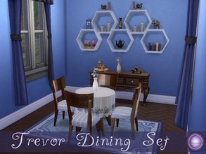 Sims 4 — Trevor Dining Room Set by D2Diamond — Table, chair, tablecloth, shelf, vase and flower. The design is simple,
