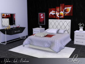 Sims 4 — Modern Look Bedroom  by Lulu265 — Black and white with a touch of colour, this room is designed for comfort and