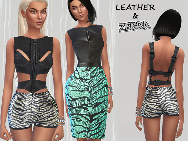 Sims 4 — Set- Leather & Zebra by Puresim — A styish leather and zebra set. The set includes: A dress ( 3 colors) A