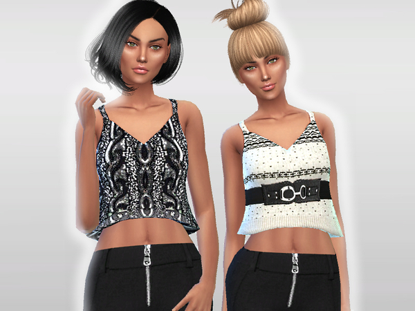 Sims 4 — Cropped Camisole by Puresim — A black sequined camisole and a white one with a black belt. Standalone with