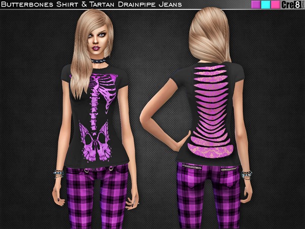 Sims 4 — Butterbones T-Shirt and Tartan Drainpipe Jeans by Cre8Sims — Butterbones Shirt and Tartan Drainpipe Jeans set