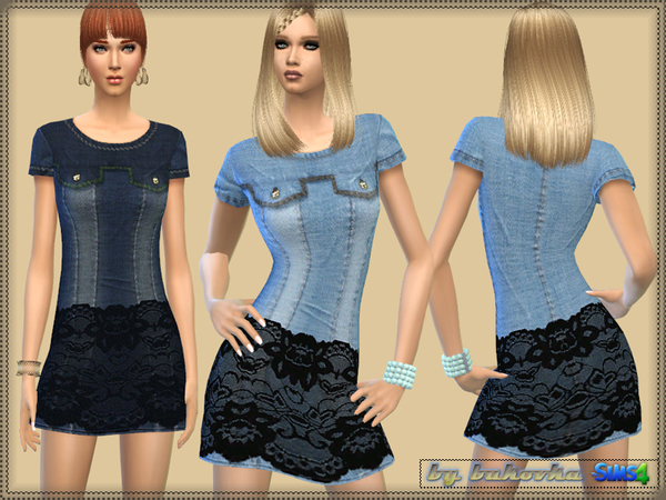 Sims 4 — Denim Dress Lace by bukovka — Denim for women dress with lace. New mesh. You will find five different coloring.