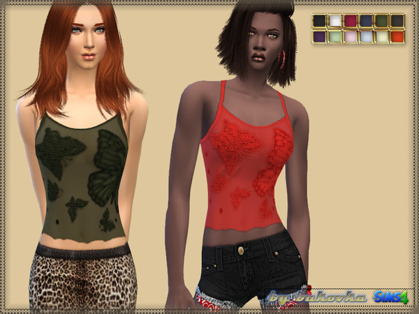 Sims 4 — Tank Butterfly by bukovka — Transparent top for women with embroidered butterflies silhouettes. Install a