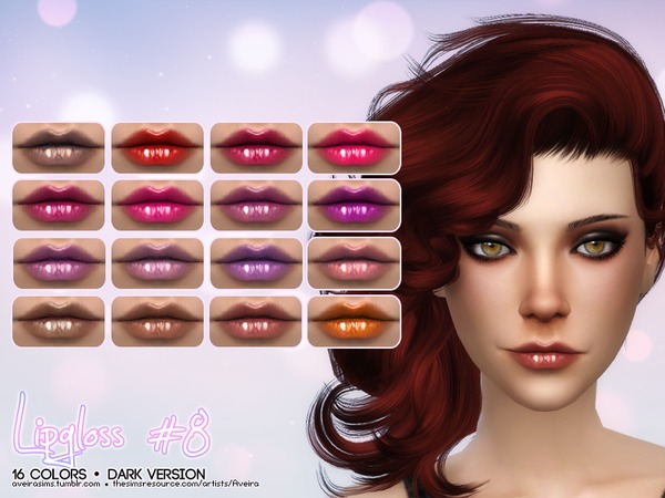 Sims 4 — Lipgloss #8 - Dark Version by Aveira — - 16 Colors - Standalone and Custom Thumbnail - All ages
