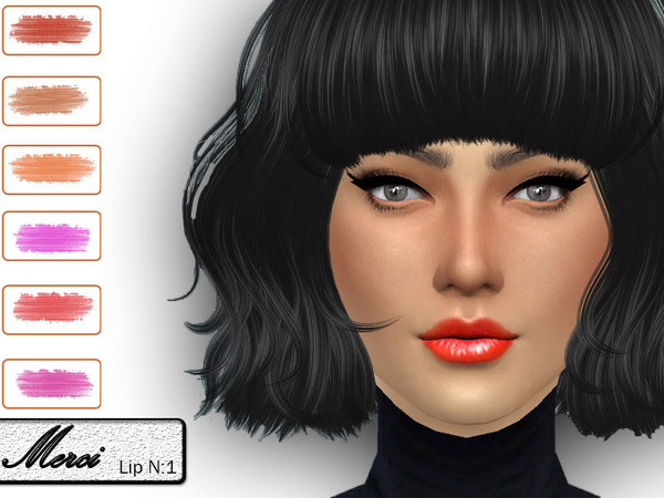 Sims 4 — Merci Lipstick N:1 by -Merci- — For Female. Age: Child-Elder. Have 6 colors. You can find it Make-Up/Lipstick.