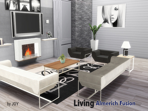 Sims 4 — Living Almerich Fusion by Joy6 — A modern living room set. Objects in this set: Sofa Living Chair Fireplace
