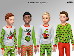 Sims 4 — Child Holiday Pajama Top & Pant Set 2 (Grinch) by ArtGeekAJ — Included are four winter pajama tops and four