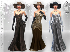 Sims 4 — Holidays Dress Set by Devirose — Three elegant dresses, in shades of bronze, silver and gold., ideal for parties