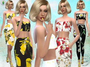 Sims 4 — Floral Printed Outfit Set by FritzieLein — 6 different high waisted skinny pants, high waisted skirts and ruffle