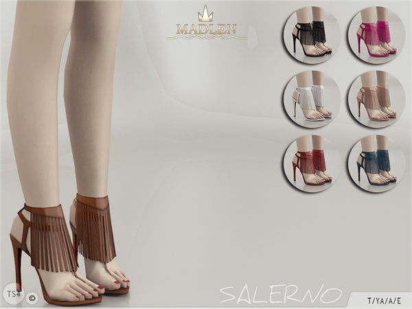 Sims 4 — Madlen Salerno Shoes by MJ95 — High heeled sandals with fringe detail! Come in 7 colours (leather texture). You