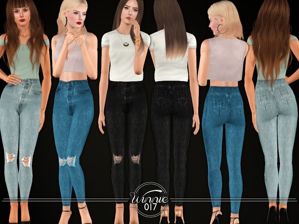 Sims 3 — Rip Jeans (High Waist) by winnie017 — High waisted skinny jeans, with used details recolorable (3 channels) all