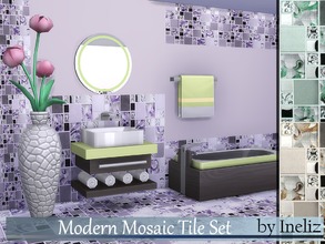 Sims 4 — Modern Mosaic Tile Set by Ineliz — A set of wall and floor patterns with three colored mosaic motifs. There are