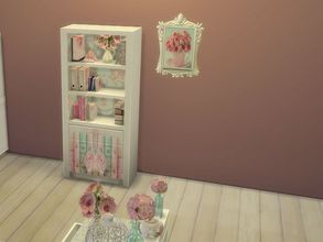 Sims 4 — Shabby Chic Floral Bookcase Pink Books by Dear_Little_Heart — White wooden bookshelf with a shabby chic theme.