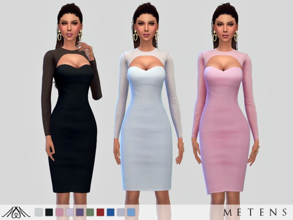 Sims 4 — Arwen Dress by Metens — Plain dress with transparent long sleeves, neck and back New item | 10 variations I hope