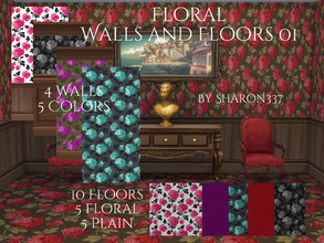 Sims 4 — Floral Walls and Floors 01 by sharon337 — Set of 4 Walls in 5 colors and Carpet in 5 Floral pattern and 5 Plain