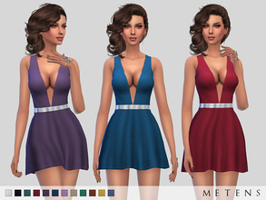 Sims 4 — Rowena Dress by Metens — Sleeveless | mini length | V-neck and back | silver-tone metal belt | flare style New
