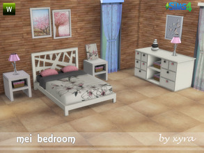 Sims 4 — xyra Mei bedroom set by xyra332 — bed, end table, dresser, transparent curtain, paintings, table lamp,