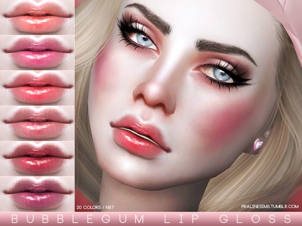 Sims 4 — Bubblegum Lip Gloss N87 by Pralinesims — Glossy lips in 20 colors.