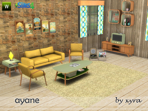 Sims 4 — xyra Ayane set living room by xyra332 — The Ayane set contains: sofa, coffee table, armchair, TV, cabinet, side