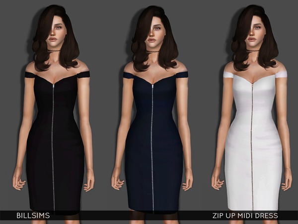 Sims 3 — Zip Up Midi Dress by Bill_Sims — YA/AF Everyday/Formal Recolorable | 2 channels (zip recolorable) 3 variations
