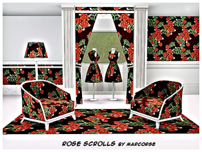 Sims 3 — Rose Scrolls_marcorse by marcorse — Fabric pattern: red roses and green scroll elements on black