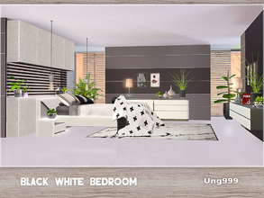 Sims 3 — Black White Bedroom by ung999 — A modern bedroom set. Set includes 11 items: Bed double Blanket Ceiling Lamp End