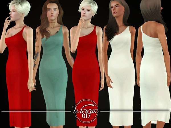 Sims 3 — The Frankie Dress by winnie017 — Simple, minimalistic one-shoulder midi dress recolorable custom mesh all LOD's