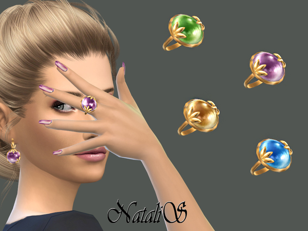Sims 4 — NataliS_Leafs and cabochon ring by Natalis — Delicate colorful ring. The translucent cabochon and gold metal