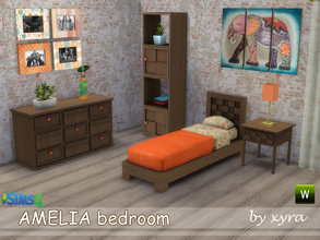 Sims 4 — Amelia bedroom set by xyra332 — The Amelia set contains: single bed, end table, dresser, paintings, shelves with