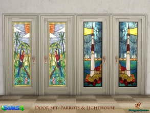 Sims 4 — Door Set: Parrots & Lighthouse by DragonQueen — A set of stained glass and wood doors with a seaside theme.