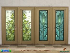 Sims 4 — Door Set: Leaves & Feather by DragonQueen — A set of wood doors, in four frame colors, with stained glass
