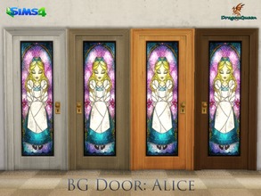 Sims 4 — BG Door: Alice by DragonQueen — A set of wood doors, in four frame colors, with stained glass insert of Alice.
